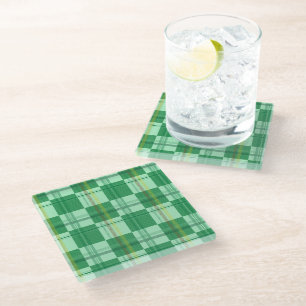Posavasos De Vidrio Estética de cuadros escoceses amarillos y menta vi