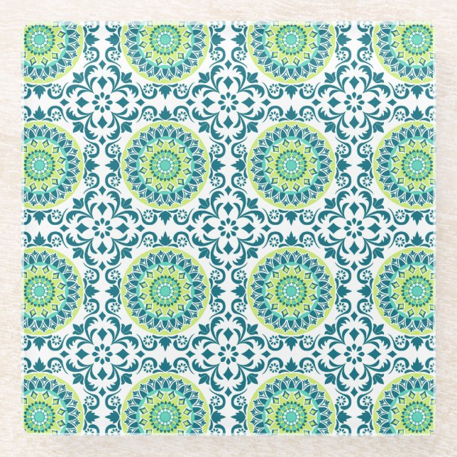 Posavasos De Vidrio Estilo Boho verde azulado y verde (Anverso)