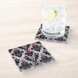 Posavasos De Vidrio Estilo damasco rosa, negro y plata