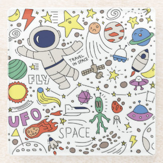 Posavasos De Vidrio Estilo Doodle, ilustracion temático espacial.