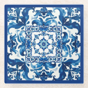 Posavasos De Vidrio estilo italiano, mediterráneo, mosaico, azul,