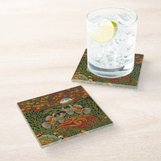 Posavasos De Vidrio Estilo Retro Tapiz Verde Aves Exóticas