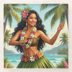 Posavasos De Vidrio Estilo Vintage Chica Hula Hawaiano Viaje