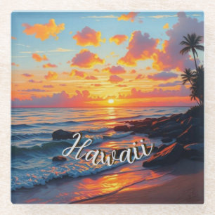 Posavasos De Vidrio Estilo vintage hawaiano viaje costa mar atardecer