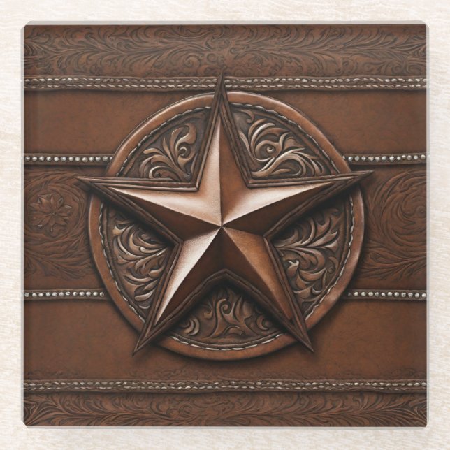 Posavasos De Vidrio Estrella de Texas Rústica de Cowboy Brown (Anverso)