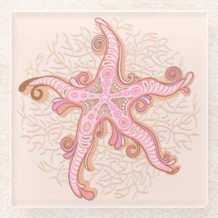 Posavasos De Vidrio Estrellas de mar y coral patrón pastel rosa