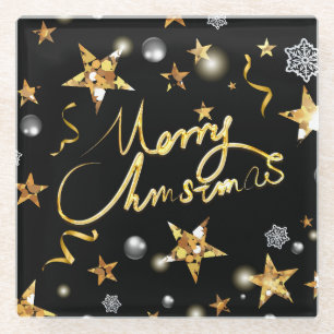 Posavasos De Vidrio Estrellas Negras Doradas Geniales Lujo Metálico Mo