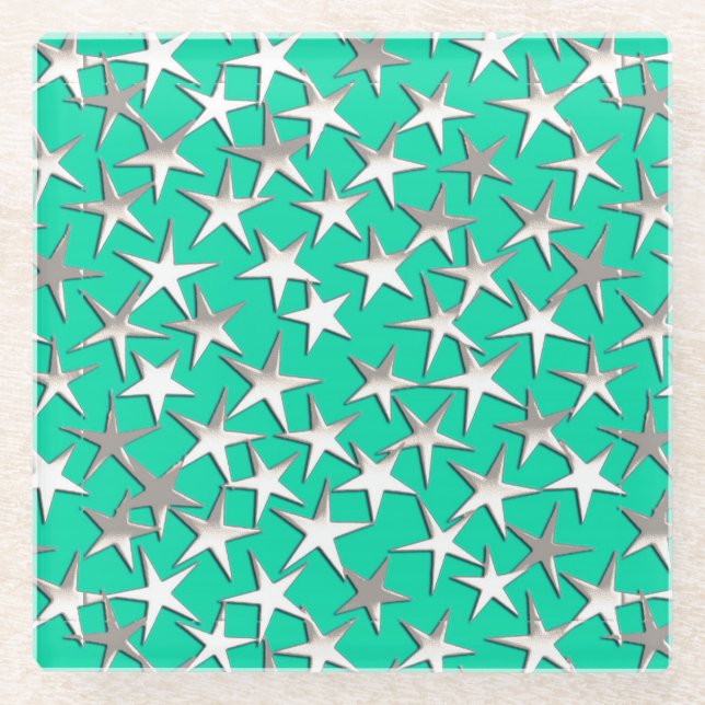 Posavasos De Vidrio Estrellas plateadas de turquesa (Anverso)