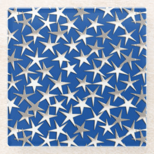 Posavasos De Vidrio Estrellas plateadas en azul cobalto
