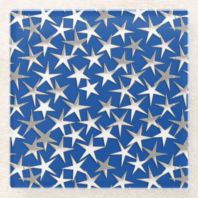 Posavasos De Vidrio Estrellas plateadas en azul cobalto (Anverso)