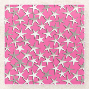 Posavasos De Vidrio Estrellas plateadas en rosa fucsia