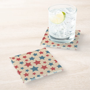 Posavasos De Vidrio Estrellas Rojas y Azules, 4 de Julio, Fondo Beige