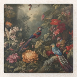 Posavasos De Vidrio Estudio Naturalista de Guacamayo y Hibisco Carmesí