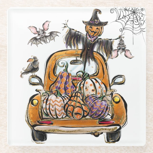 Posavasos De Vidrio Fall Pumpkin Patch Truck with bats scarecrow bird  (Anverso)