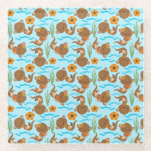 Posavasos De Vidrio Familia de Nutrias Flores Naranjas Florales Animal