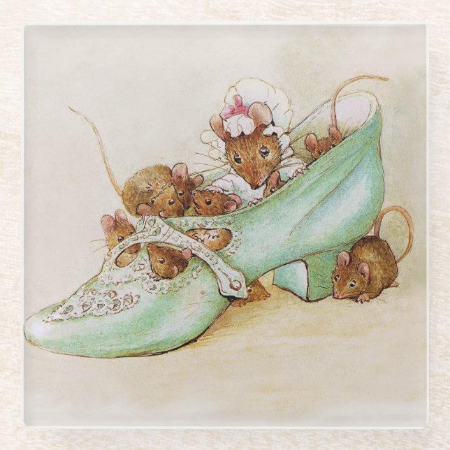 Posavasos De Vidrio Familia del ratón en un zapato por Beatrix Potter (Anverso)