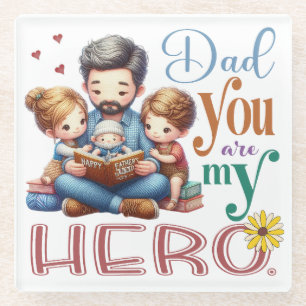 Posavasos De Vidrio Familia leyendo tiempo papá eres mi héroe