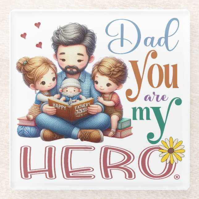 Posavasos De Vidrio Familia leyendo tiempo papá eres mi héroe (Anverso)