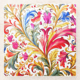 Posavasos De Vidrio Fancy Florentine Design Watercolor Leaves