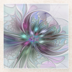 Posavasos De Vidrio Fantasía abstracta moderna y colorida de flor frac