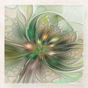 Posavasos De Vidrio Fantasía abstracta moderna y colorida Flor fractal