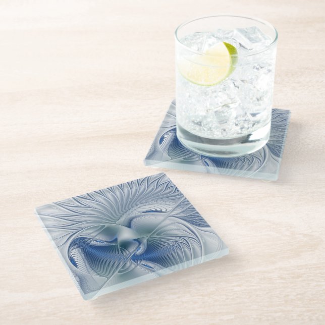 Posavasos De Vidrio Fantasía dinámica Resumen tonos azules arte fracta (Angular)