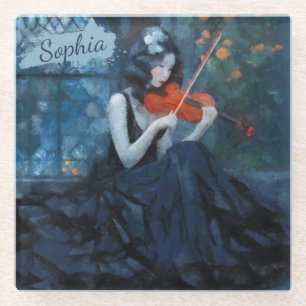 Posavasos De Vidrio Fantasía oscura violinista gótico en el Jardín de 