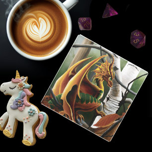 Posavasos De Vidrio Fantasía verde del Naranja Dragón de Otoño