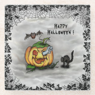 Posavasos De Vidrio Fantasma, Gato, Bat y Calabaza, ¡Feliz Halloween!