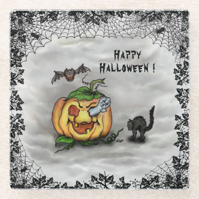 Posavasos De Vidrio Fantasma, Gato, Bat y Calabaza, ¡Feliz Halloween! (Anverso)