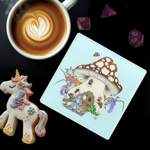 Posavasos De Vidrio Fantástico Ratón de Fantasía Casa de Hongo Floral 