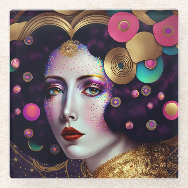 Posavasos De Vidrio Fantasy Glam Mujer Pop Art Glass (Anverso)