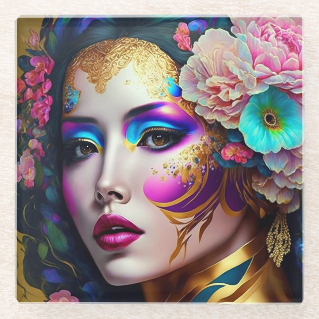 Posavasos De Vidrio Fantasy Glam Woman Pop Art (Anverso)