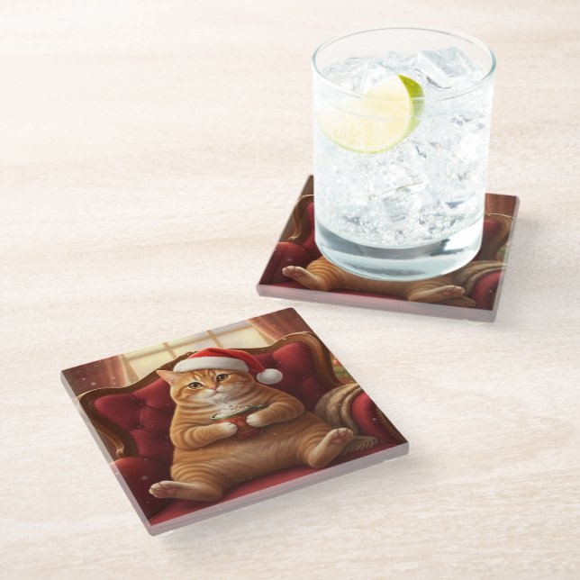 Posavasos De Vidrio Fat Santa Cat with Hot Chocolate Glass Coaster (Angular)