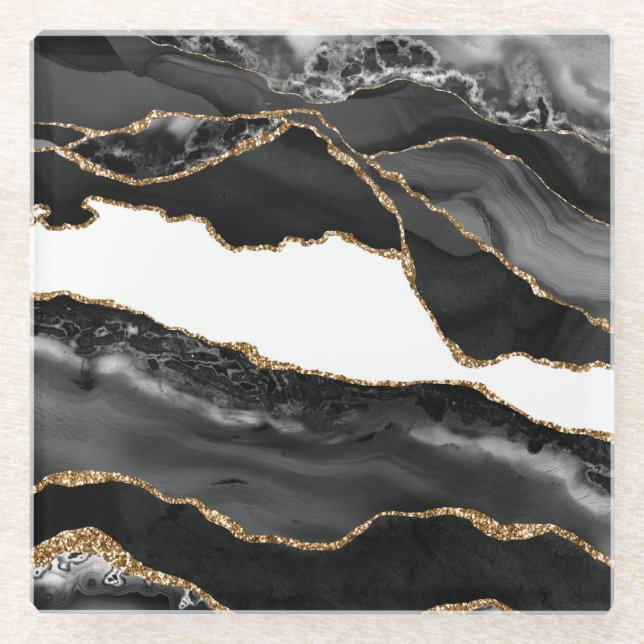 Posavasos De Vidrio Faux Marled Agate Black Stylish Luxury (Anverso)