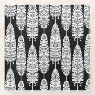 Posavasos De Vidrio Feathers boho: patrón blanco y negro