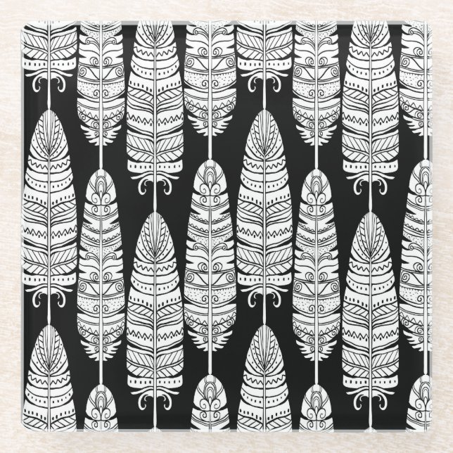 Posavasos De Vidrio Feathers boho: patrón blanco y negro (Anverso)