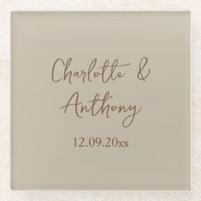 Posavasos De Vidrio Fecha de nombres de caligrafía creativa de boda (Anverso)
