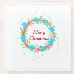 Posavasos De Vidrio Feliciz Navidad guirnalda acuarela azul roja holid
