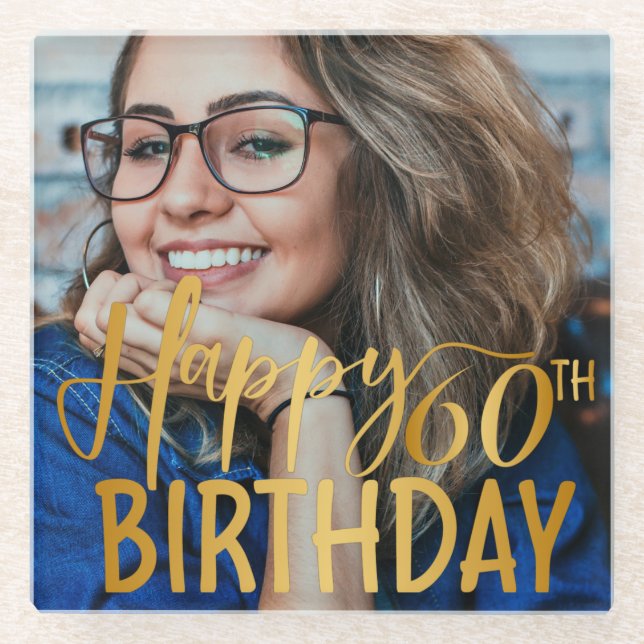 Posavasos De Vidrio Feliz 60 aniversario Script de foto personalizada (Anverso)