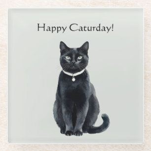 Posavasos De Vidrio Feliz Caturday Gato Negro