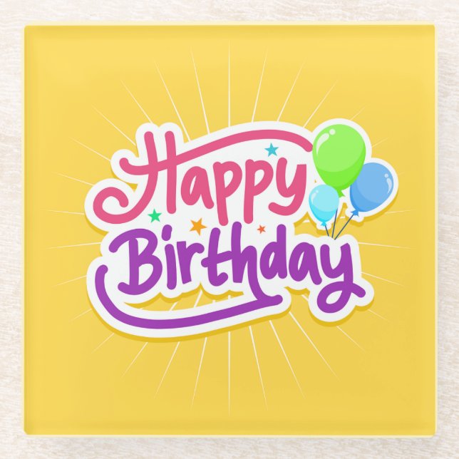 Posavasos De Vidrio Feliz cumpleaños, alegre amarillo moderno (Anverso)