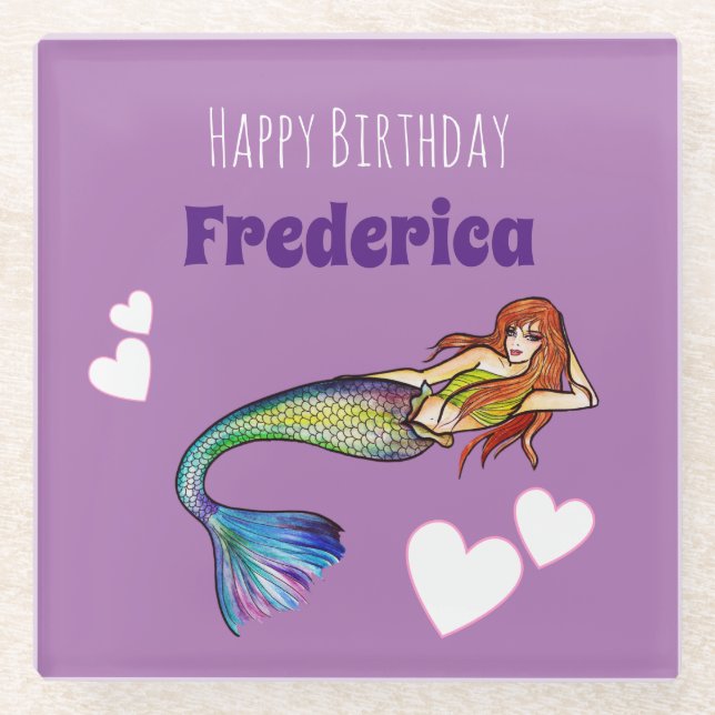Posavasos De Vidrio Feliz cumpleaños Chica Ilustracion de sirena arcoi (Anverso)