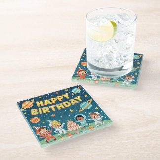 Posavasos De Vidrio Feliz cumpleaños tema espacial