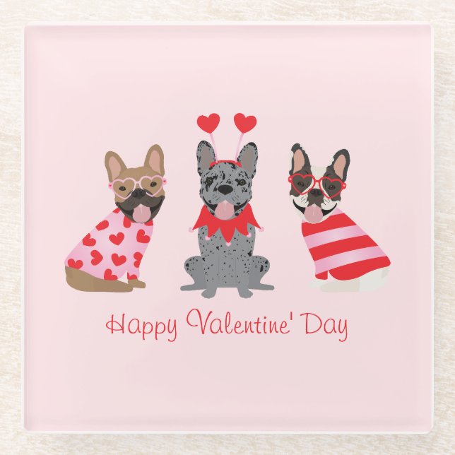 Posavasos De Vidrio Feliz Día de San Valentín Bulldoges franceses (Anverso)