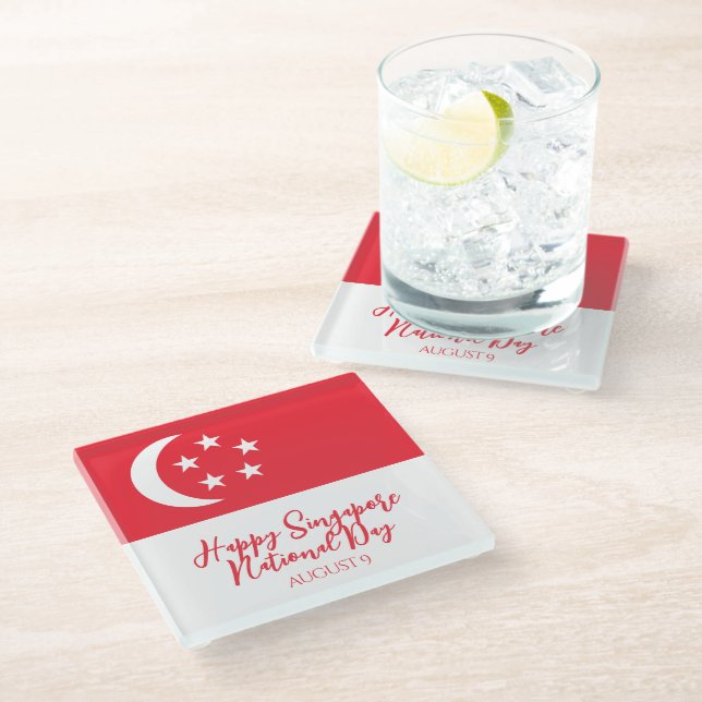 Posavasos De Vidrio Feliz Día Nacional de Singapur, bandera de Singapu (Angular)