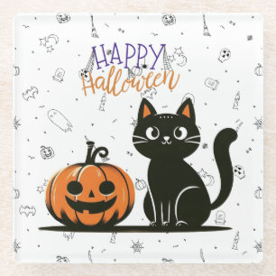 Posavasos De Vidrio Feliz gato y calabaza de Halloween