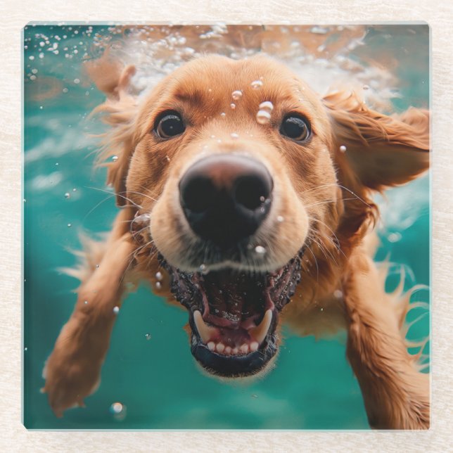 Posavasos De Vidrio Feliz Golden Retriever Nadando bajo el agua (Anverso)