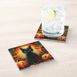 Posavasos De Vidrio Feliz Halloween Black Cat Bats Pumpkins