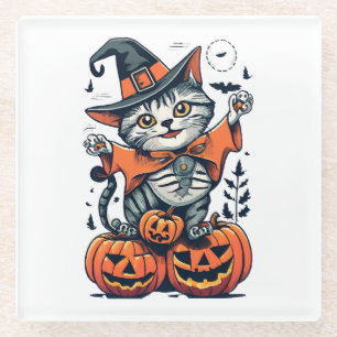 Posavasos De Vidrio Feliz Halloween Bruja Gato